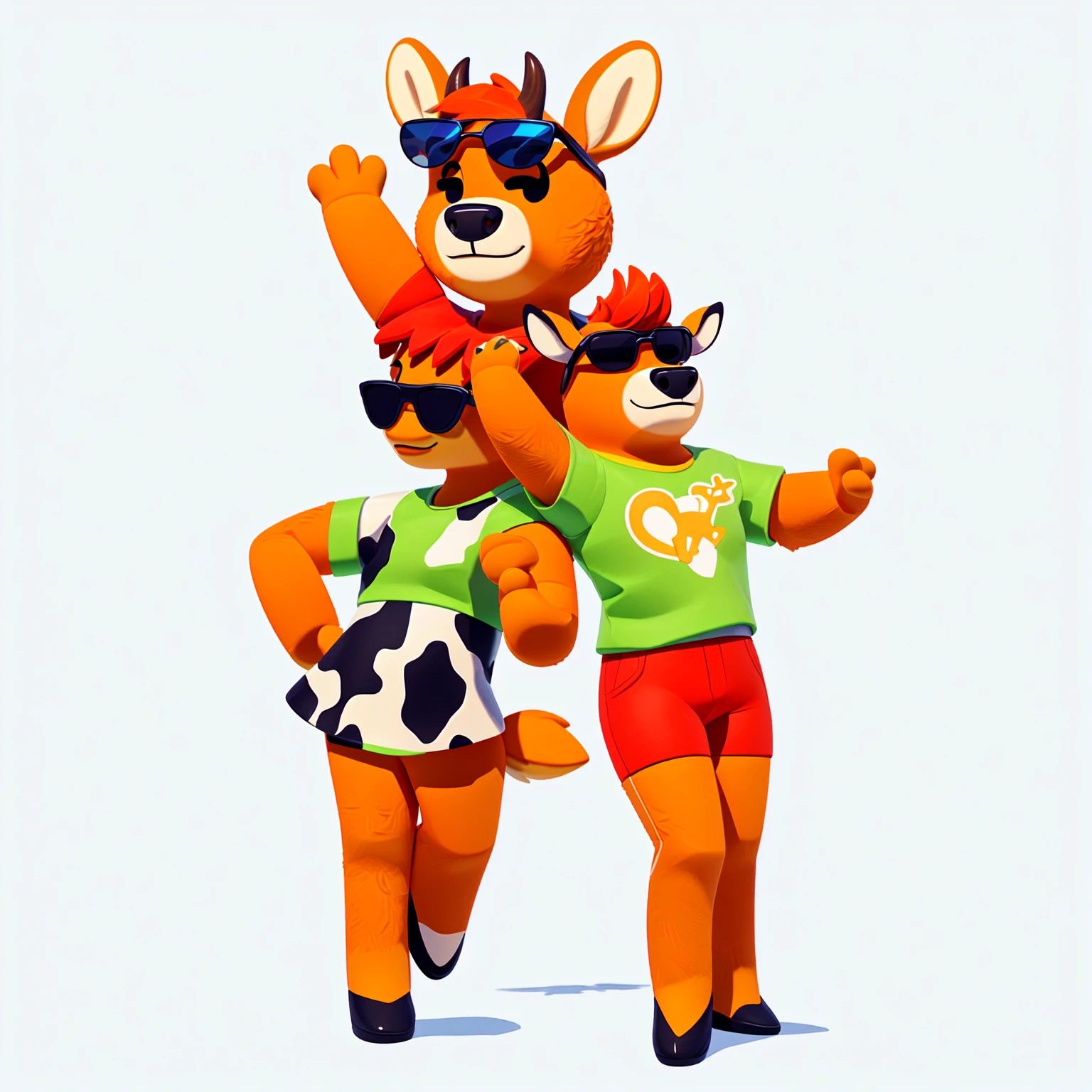 Just Dance,Wear a shirt、Wearing sunglasses、Cartoon cow with crossed arms, Full body mascot, ( cow wearing sunglasses, dancing character, Created using C4D, Hair texture,Teddy Fresh, Orange body, Made with C4D, Cartoon shading:15, Official Art, Merge roles, an anthropomorphic deer, Official illustrations, Full body clothing, posture
