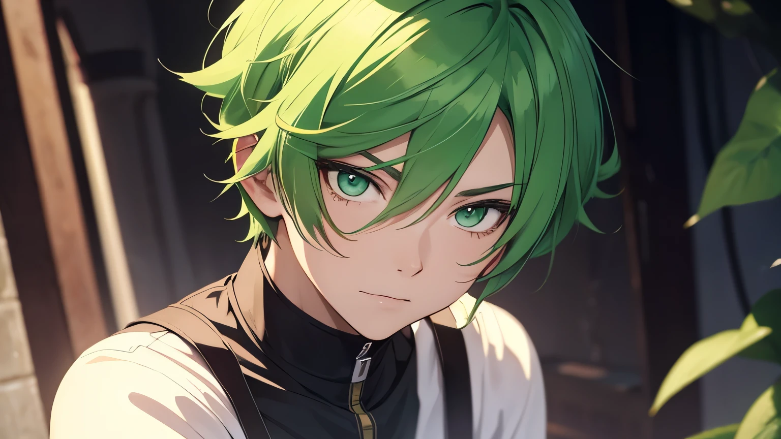 Anime guy with short green hair and green eyes