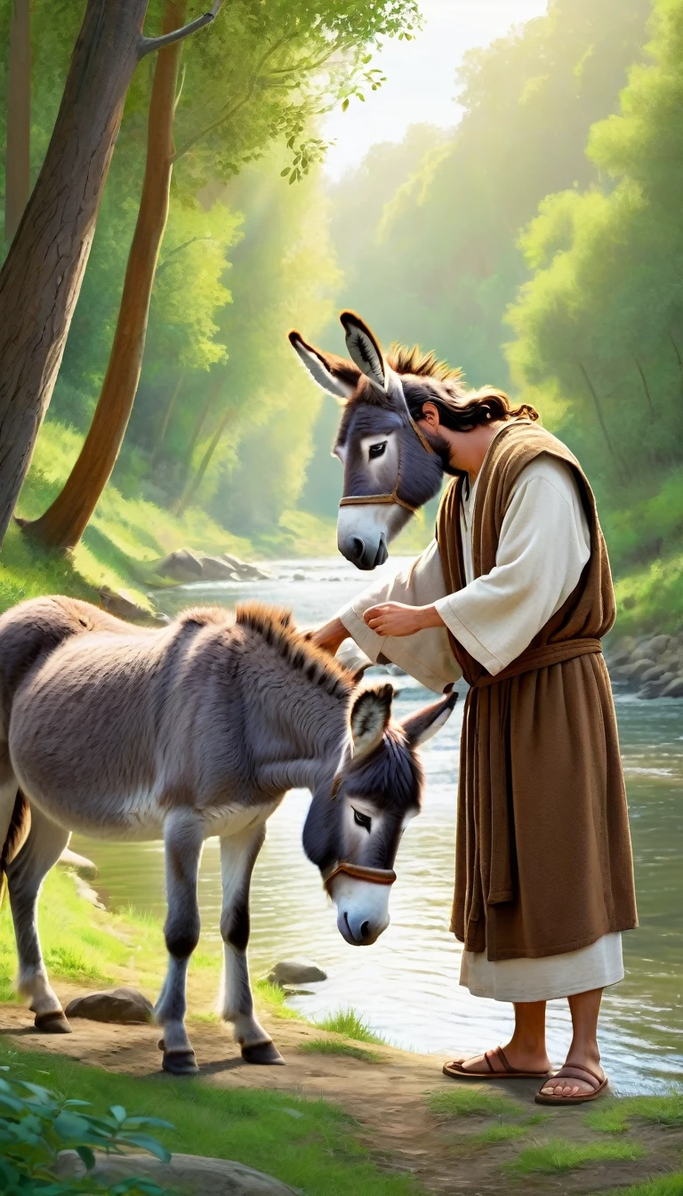 Jesus with brown robe and white sleeves, next to a donkey in the forest near the river, touching the donkey's head, pixar style, drawing ar 9:16 --s 250