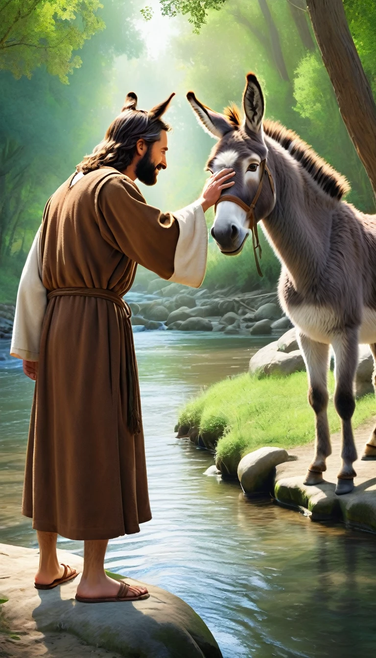 Jesus with brown robe and white sleeves, next to a donkey in the forest near the river, touching the donkey's head, pixar style, drawing ar 9:16 --s 250