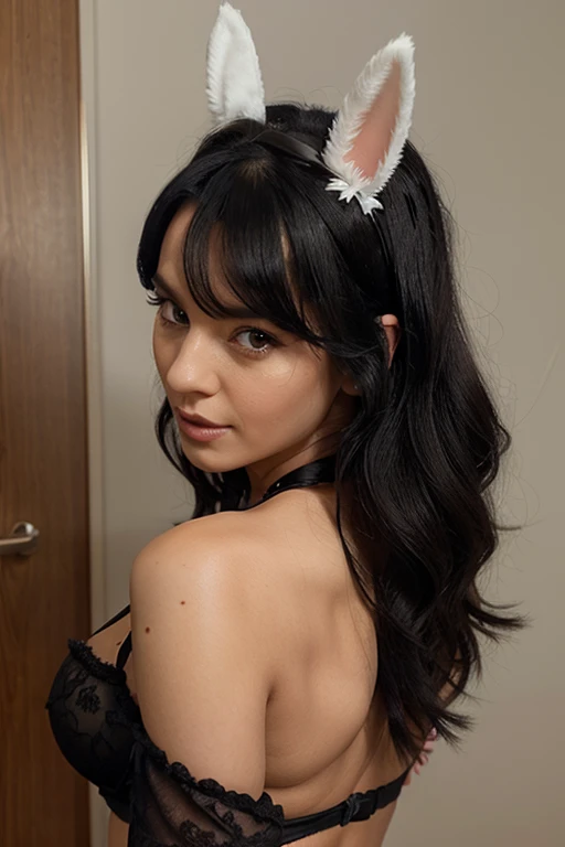 woman in sexy lingerie realistic black hair with bunny ears