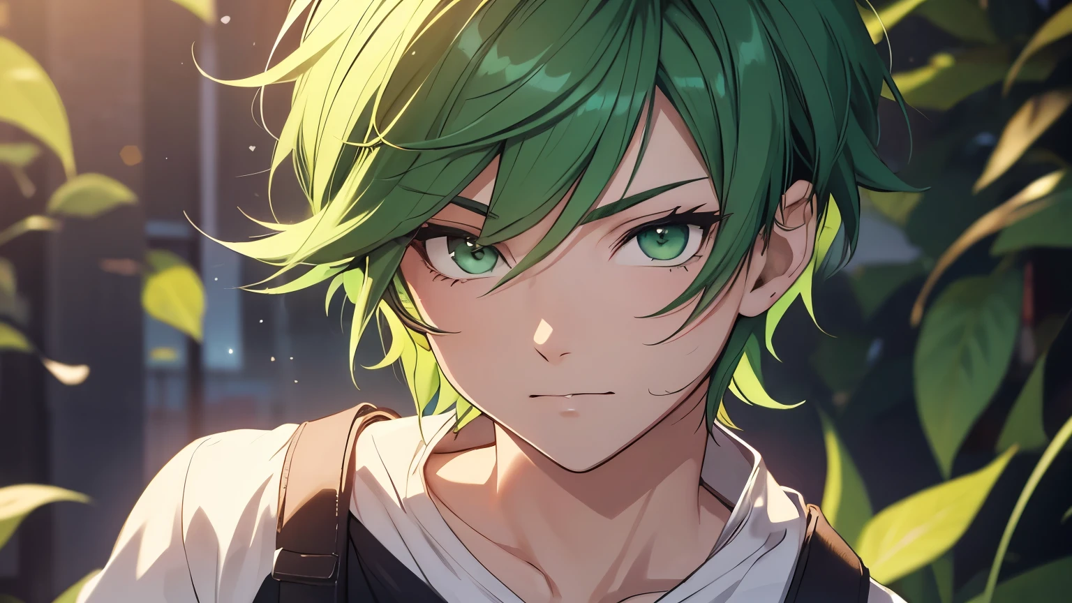 Anime guy with short green hair and green eyes