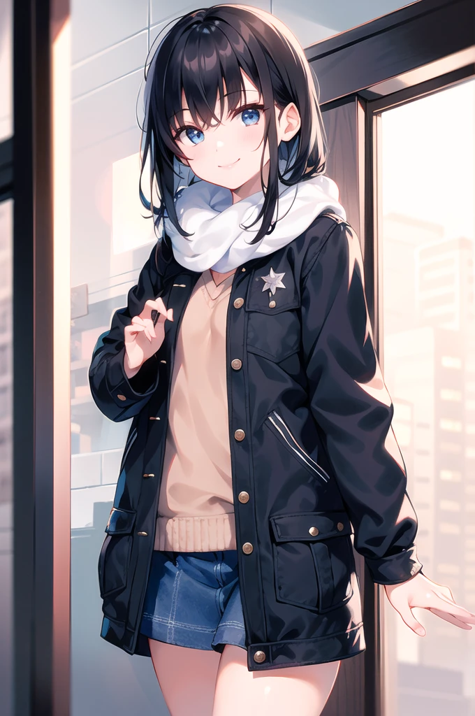 (morning), 1girl, solo, looking at viewer, winter, cowboy shot, (downtown), cowboy shot, smile, black hair