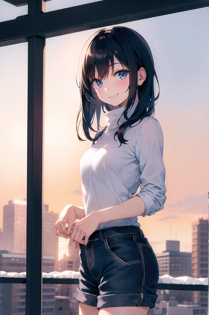 (morning), 1girl, solo, looking at viewer, winter, cowboy shot, (downtown), cowboy shot, smile, black hair