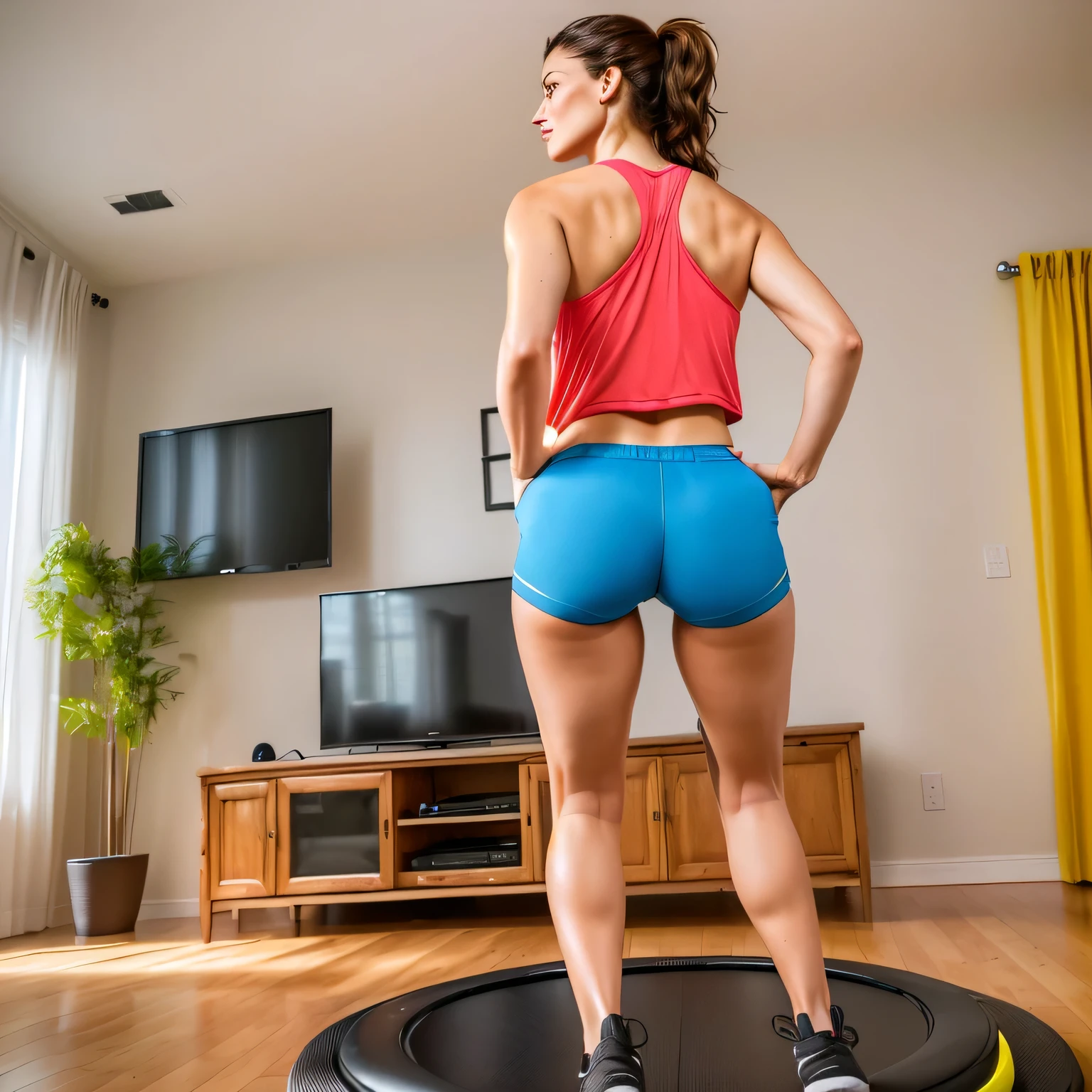 A 40-year-old woman is standing on a trampoline in a living room with a television, working out, ((((her back to us)))). She is wearing a vibrant red tank top and blue shorts, with black sneakers on her feet. Her attention is focused on the television screen showing a physical exercise program. Fitness body, jumping, training, photo taken by nikon d 3200, sport, jumping at the viewer, indoor image. Next to her, a yellow plant adds a touch of color to the room. The scene suggests an active lifestyle and commitment to healthy habits. Woman in good physical shape, fitness woman, perfect face, perfect mouth.
Woman, ((Masterpiece, best quality)), full body view, detailed skin, highly detailed, cinematic lighting, ultra realistic, dark brown hair, medium hair, portrait, full body view, contrast, close-up, cinematic light, ultra-high resolution, RAW.
Woman with white skin and dark brown hair. She is around 40 years old, 165 cm tall and weighs 56 kg. She has a perfect mouth, a perfect face. Her body exudes glamor and her face is a definition of beauty. Slender body, thin waist. Highly realistic, hyperrealism, very elaborate skin, perfect face. Clear Photo, High Resolution, High Quality, Masterpiece, 16K Photo, High Contrast, Masterpiece, Nude, Nude, NSFW