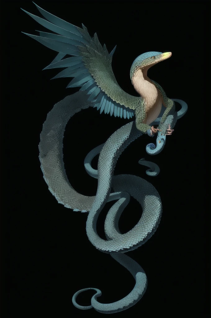 ((best quality)), ((masterpiece)), (detailed), Quetzalcoatl, snake with wings, small pale blue, serpent body, 1 snake, single snake body