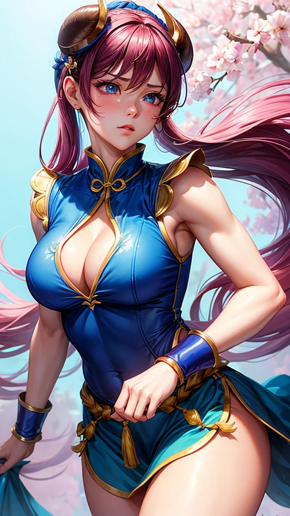 Fantasia de chun li,feminine,Caucasian skin,blushed face,light pink long hair,blue colored eyes.