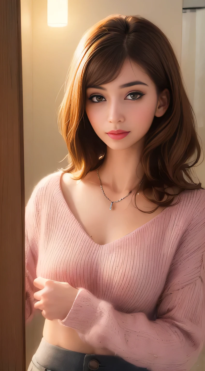 ((Night, Realistic Light, Best Quality, 8K, Masterpiece: 1.3)), 1girl, Slim Beauty: 1.4, Abs: 1.1, (Brown hair, Medium breasts: 1.3), Long pink sweater: 1.1, Bathroom, Super fine face, Delicate eyes, Double eyelids, smile, necklace
