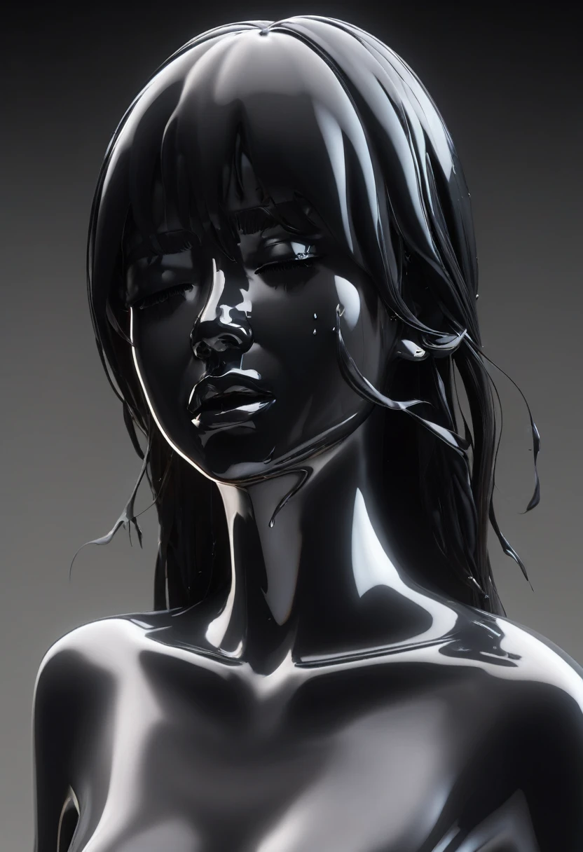 3D Black tilted down face with hair covering forehead closed eyes with tears running down face and dark backround