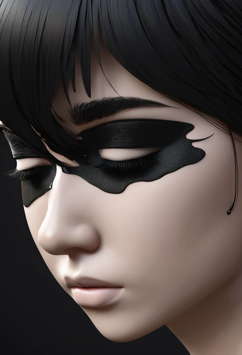 3D Black tilted down face with hair covering forehead closed eyes with tears running down face and dark backround