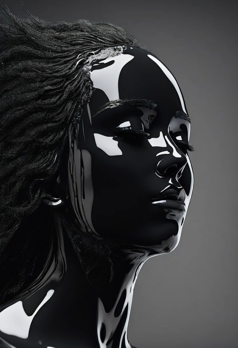 3D Black tilted down face with hair covering forehead closed eyes with tears running down face and dark backround