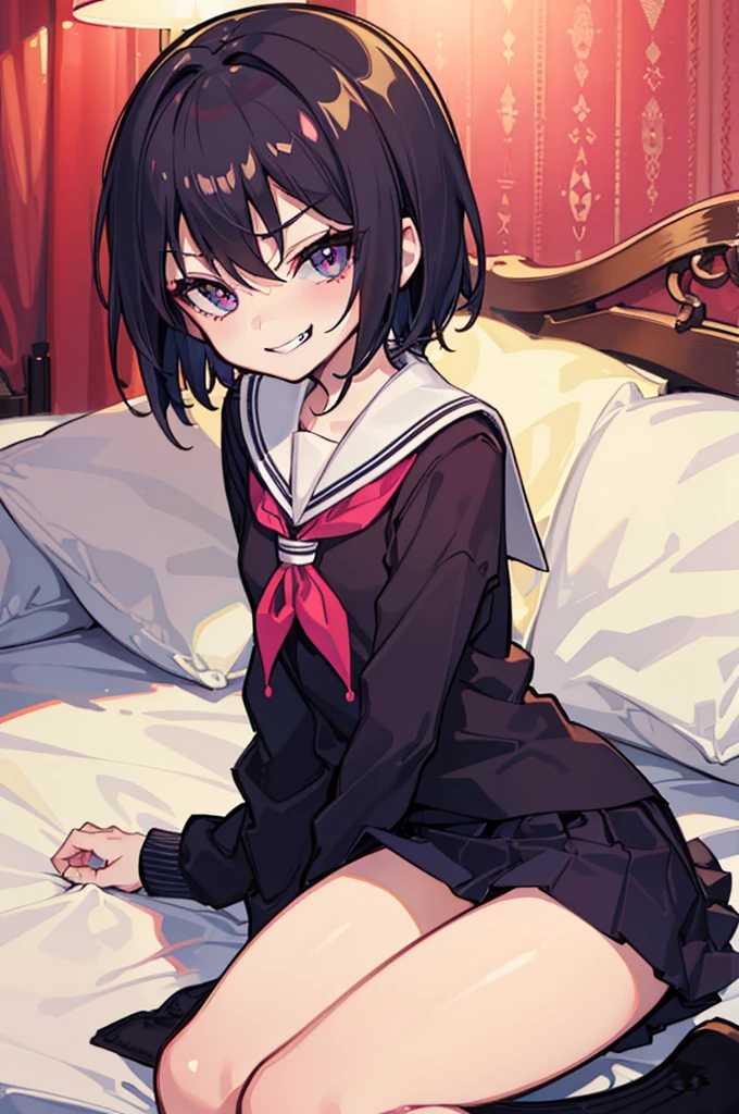 (Ideal:1.2), (perfect:1.2), (flawless:1.2), (highest quality:1.2), (best quality:1.2), on bed, 1girl, (evil smirk:1.2), (loli:1.2), young, (school uniform:1.1), detailed body, sexy thighs, small breasts, short hair, high quality eyes, 4K, highest quality resolution, best quality resolution, best quality upscale, no panties, no underwear