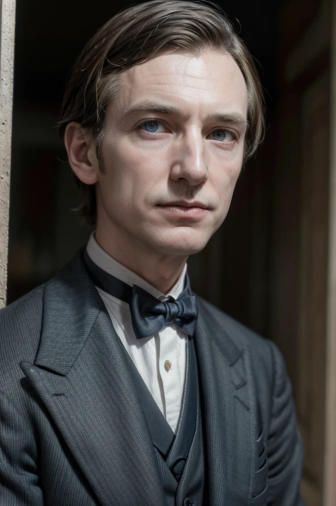 Image of Rockefeller looking at the camera in a suit with a haircut from the 1870s (the image is in color)