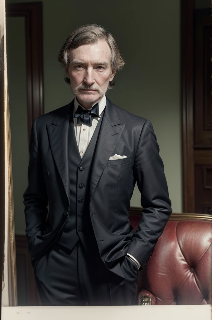 Image of Rockefeller looking at the camera in a suit with a haircut from the 1870s (the image is in color)