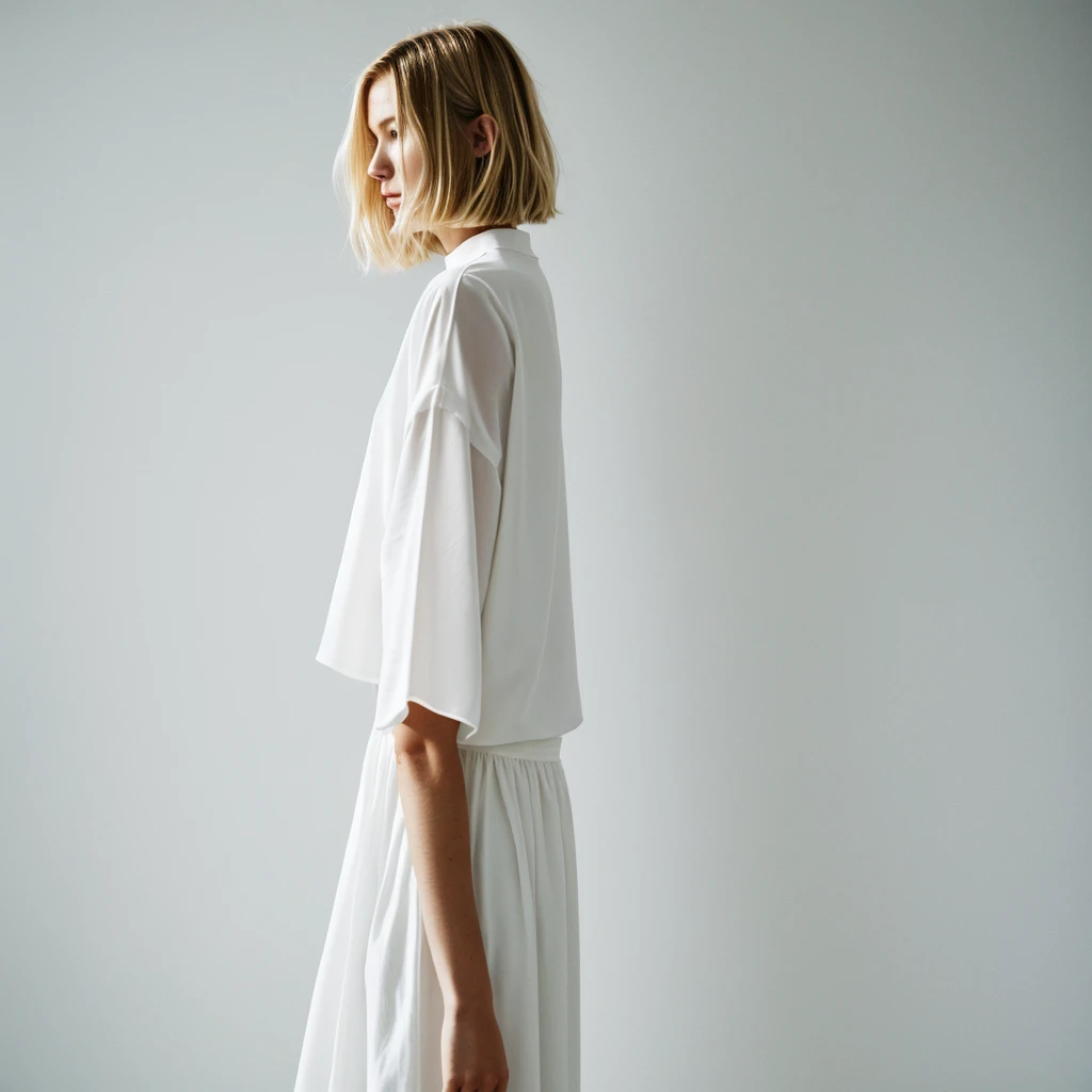 no face visible short blonde hair women stands back the background of a minimalist beautiful white architecture