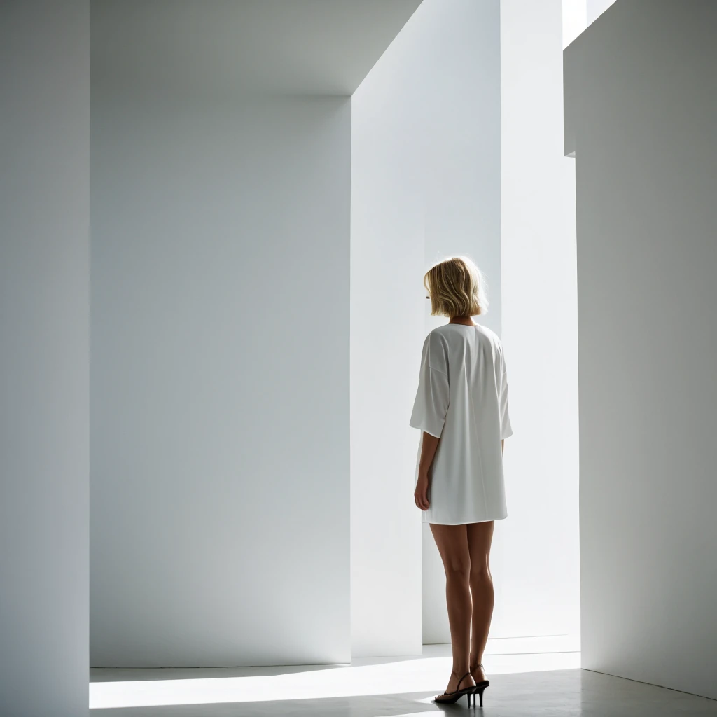 no face visible short blonde hair women stands back the background of a minimalist beautiful white architecture