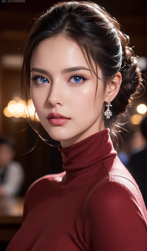 Photo of extremely sexy italian woman, a sexy student, closeup portrait upsweep updo, (red tight long sleeve turtleneck top), at a  bar, masterpiece, photorealistic, best quality, detailed skin, intricate, 8k, HDR, cinematic lighting, sharp focus, eyeliner, painted lips, earrings, extremely sexy seductive blue eyes, perfect