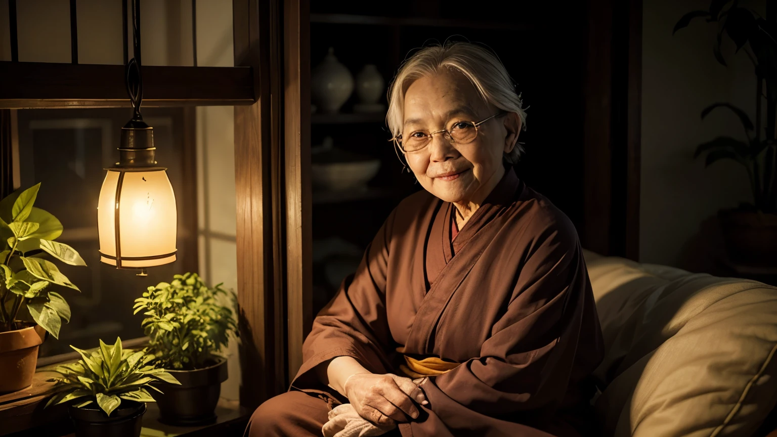 An old woman monk sits while looking smilling at plants in her house filled with lamps and a buddha image