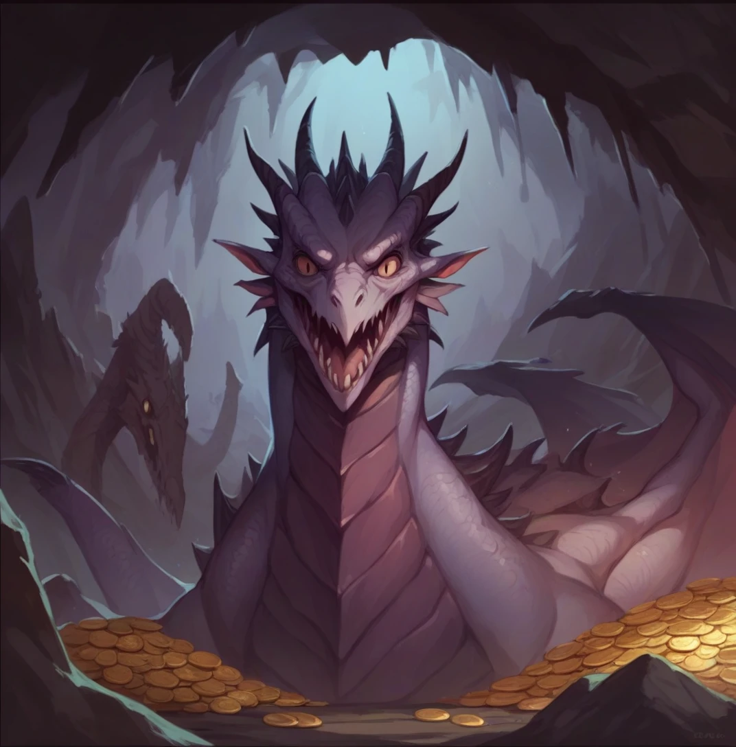 80s movies style,dark fantasy,dragon with 3 head, creepy,cave,gold coins