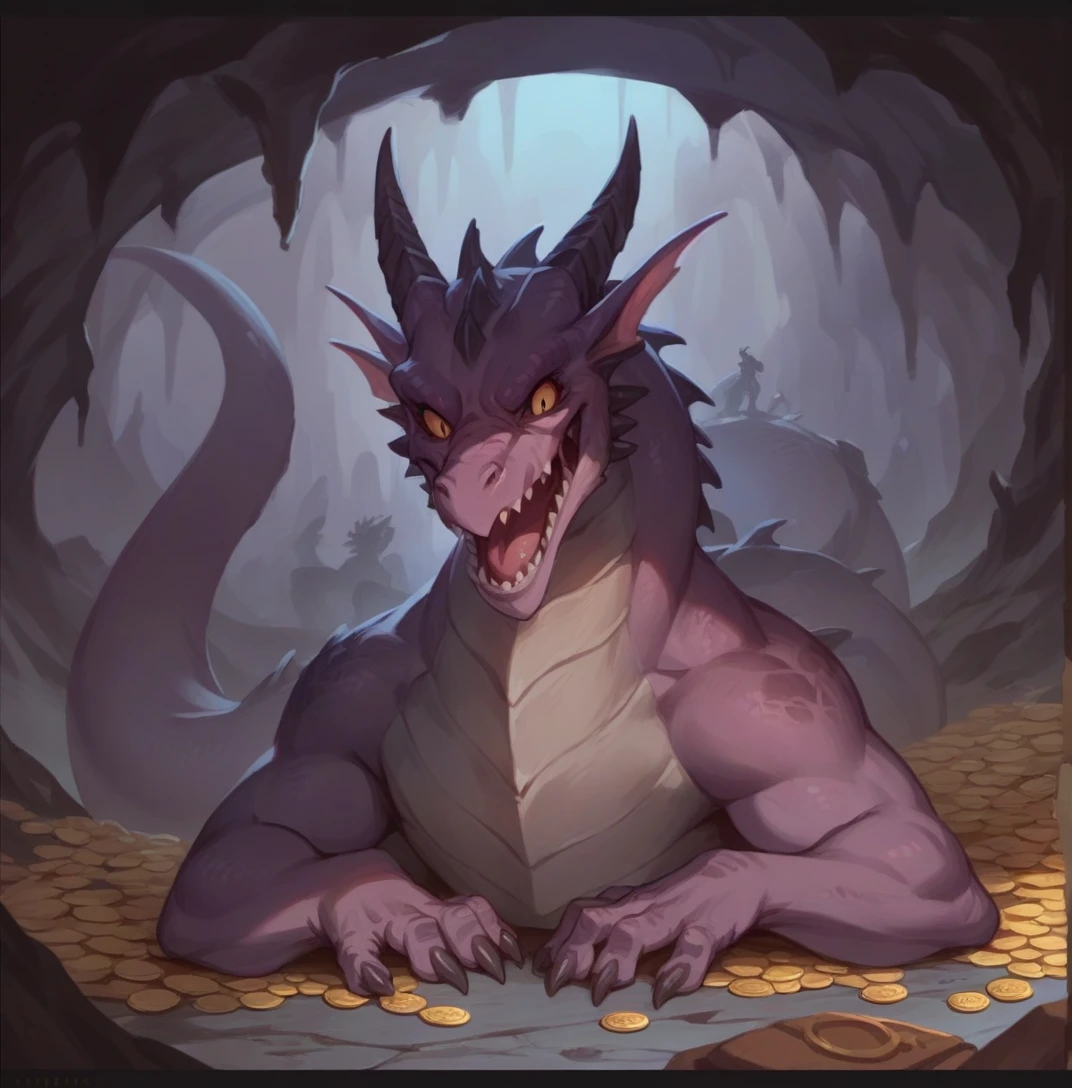 80s movies style,dark fantasy,dragon with 3 head, creepy,cave,gold coins
