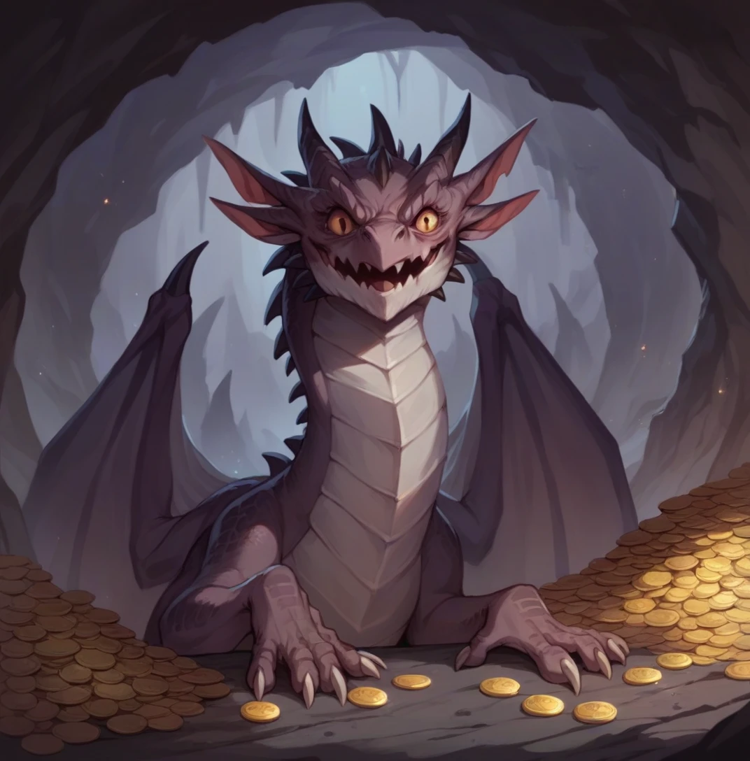 80s movies style,dark fantasy,dragon with 3 head, creepy,cave,gold coins