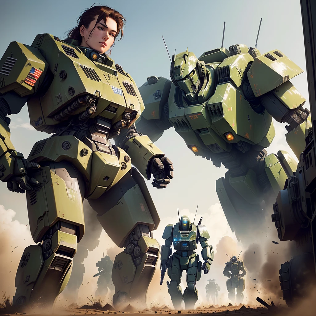 a close up of a robot with a gun in a field, battletech, war mechs fighting, soldiers and mech fight, battlemech, mech machines firing bullets, battletech style, an armored core on the ground, battle mech, futuristic battlefield, mad max battlemech, mech concept art, metal gear mech, mechwarrior, armored core, mech warrior