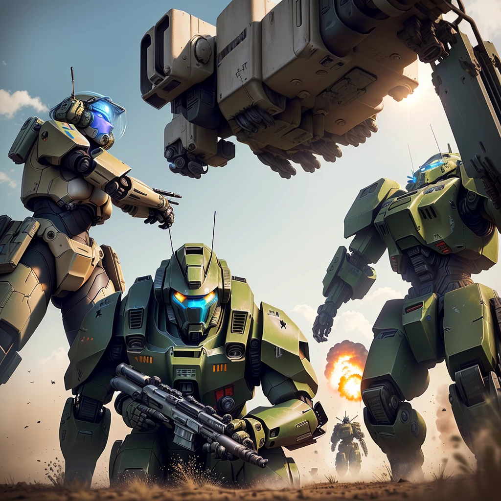 a close up of a robot with a gun in a field, battletech, war mechs fighting, soldiers and mech fight, battlemech, mech machines firing bullets, battletech style, an armored core on the ground, battle mech, futuristic battlefield, mad max battlemech, mech concept art, metal gear mech, mechwarrior, armored core, mech warrior