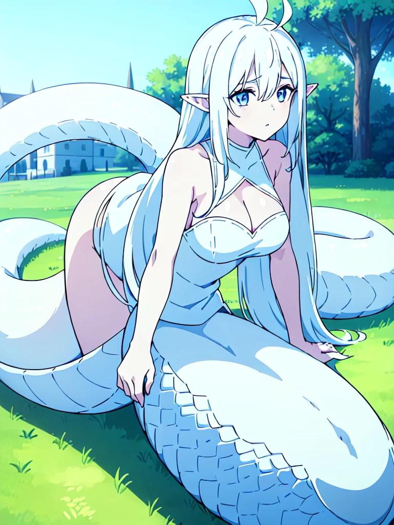 ((beautiful face)), ((masterpiece, best quality)),1girl,,long hair,twintail,white hair,ahoge,lamia tail,((white lamia tail)),(white background),pointy ears,sleeveless,white shirt,(clelue eyes,((kneeling, on the grass,blue sky,village)),o:,Close up