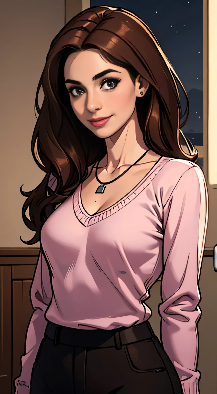 ((Night, Realistic Light, Best Quality, 8K, Masterpiece: 1.3)), 1girl, Slim Beauty: 1.4, Abs: 1.1, (Brown hair, Medium breasts: 1.3), Long pink sweater: 1.1, Bathroom, Super fine face, Delicate eyes, Double eyelids, smile, necklace