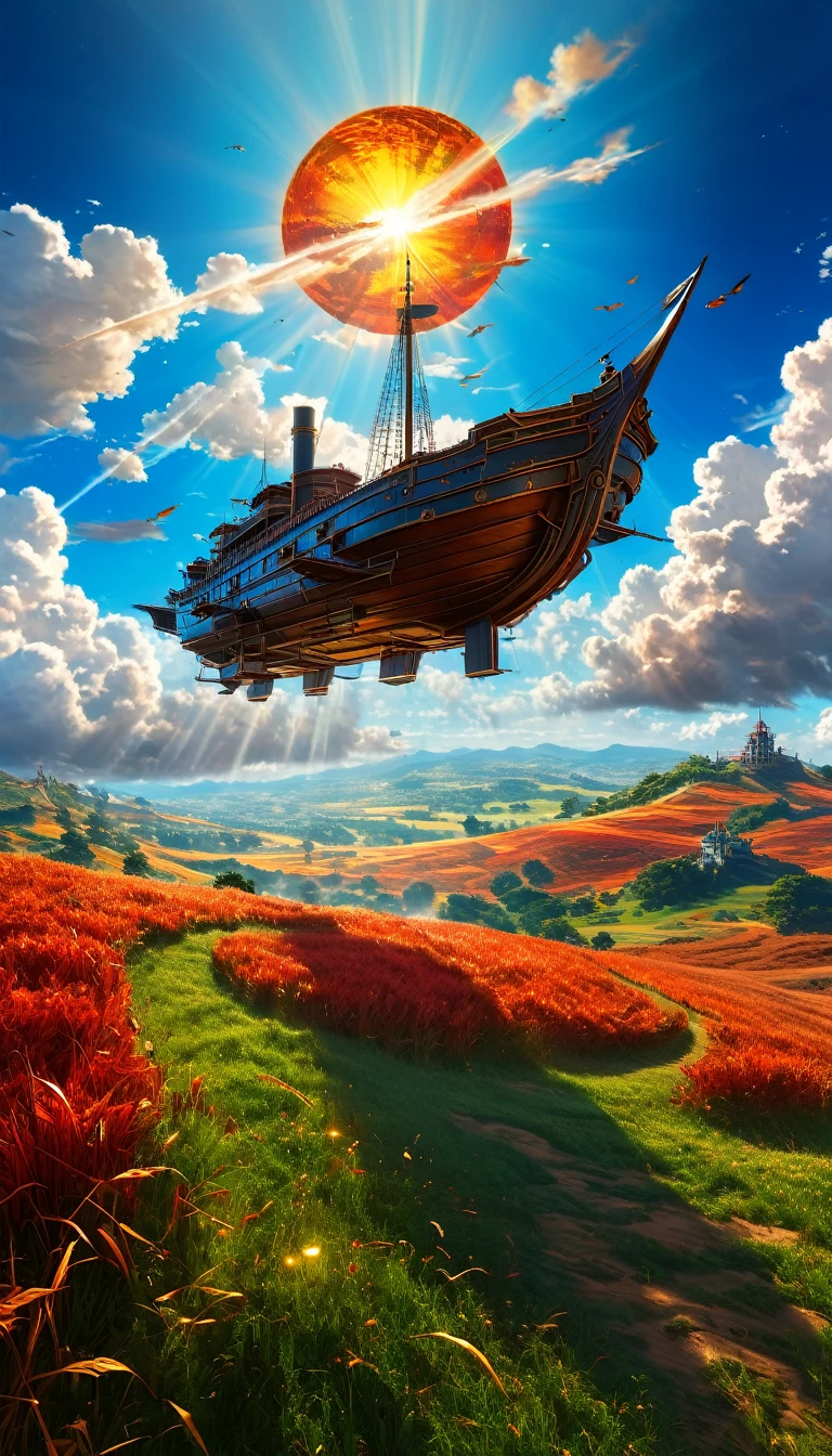 Masterpiece, high quality, 8K Ultra HD. The image shows a flying ship with a light shining into the sky from a grassy hill, with a background of vibrant blue sky and the red and orange tones of the sun,((red grass)), 4k anime art wallpaper, Shen Che-Tsai digital art, pexels, fantastic realism, among sunlit heavenly clouds, heavenly clouds, amazing sky, 4K anime art wallpaper, anime background, wallpaper 8K anime art wallpaper, anime art wallpaper, anime landscape wallpaper, amazing wallpaper, high quality wallpaper definition, 4k anime wallpaper, 4k anime wallpaper, Aries Moross art, Bob Byerley art, AshleyWoodArtAI, greg rutkowski