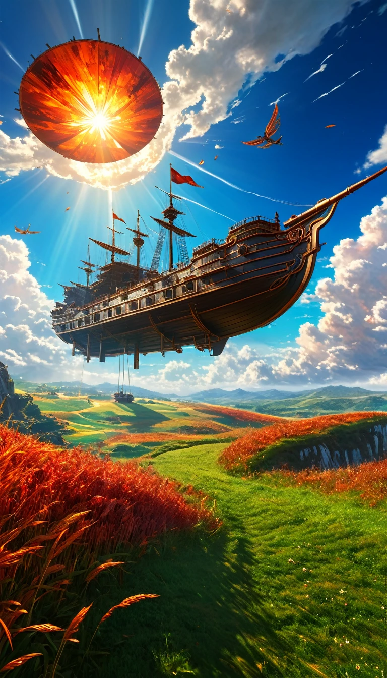 Masterpiece, high quality, 8K Ultra HD. The image shows a flying ship with a light shining into the sky from a grassy hill, with a background of vibrant blue sky and the red and orange tones of the sun,((red grass)), 4k anime art wallpaper, Shen Che-Tsai digital art, pexels, fantastic realism, among sunlit heavenly clouds, heavenly clouds, amazing sky, 4K anime art wallpaper, anime background, wallpaper 8K anime art wallpaper, anime art wallpaper, anime landscape wallpaper, amazing wallpaper, high quality wallpaper definition, 4k anime wallpaper, 4k anime wallpaper, Aries Moross art, Bob Byerley art, AshleyWoodArtAI, greg rutkowski