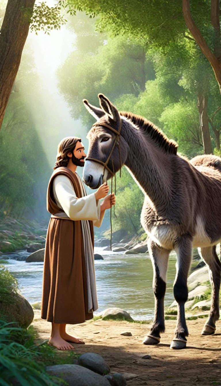 Jesus with brown robe and white sleeves, next to a donkey in the forest near the river, touching the donkey's head, pixar style, drawing ar 9:16 --s 250
