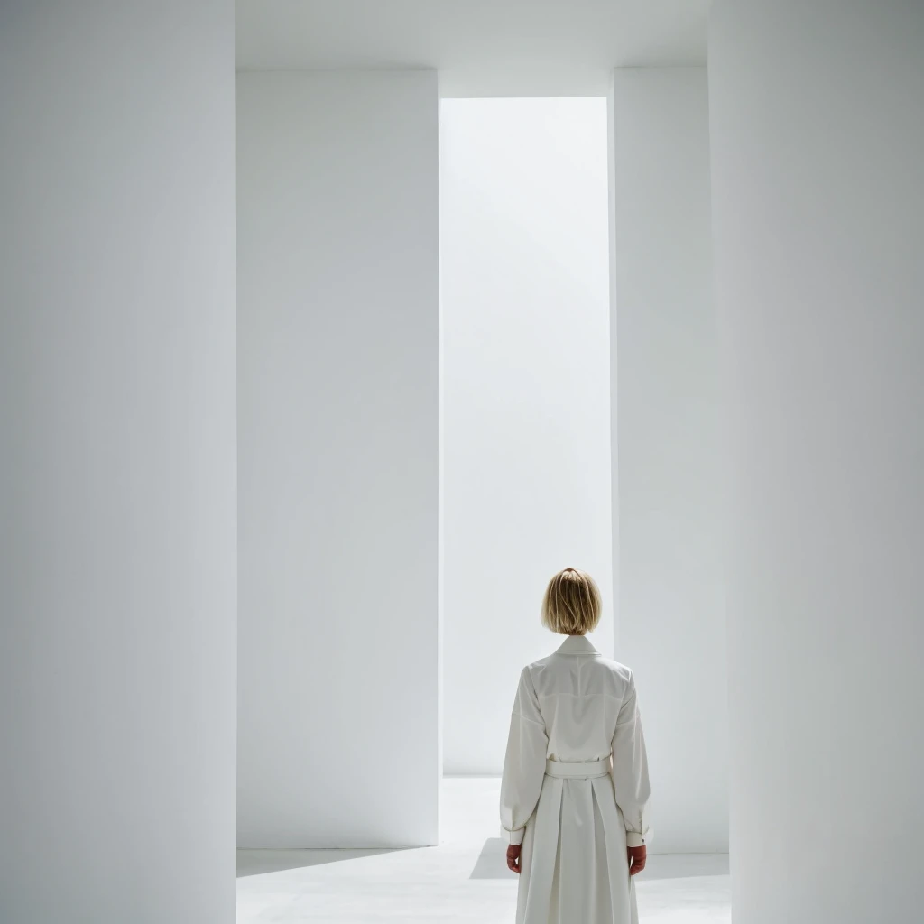 no face visible short blonde hair women stands back the background of a minimalist beautiful white architecture