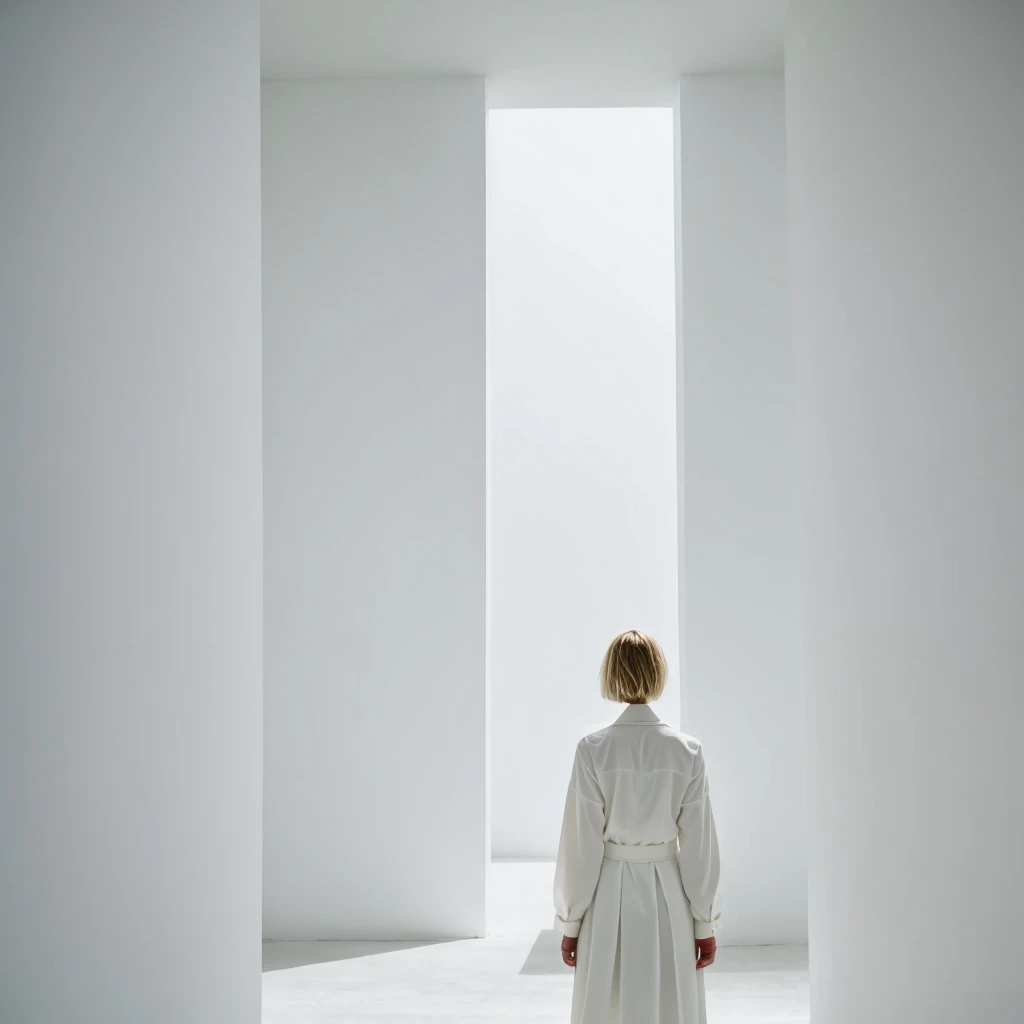 no face visible short blonde hair women stands back the background of a minimalist beautiful white architecture
