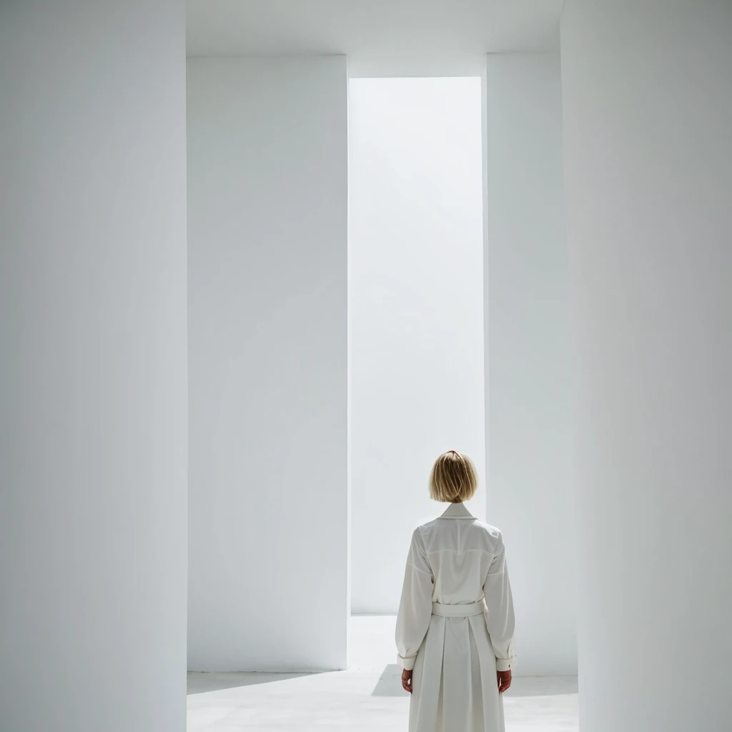  no face visible short blonde hair women stands back the background of a minimalist beautiful white architecture 