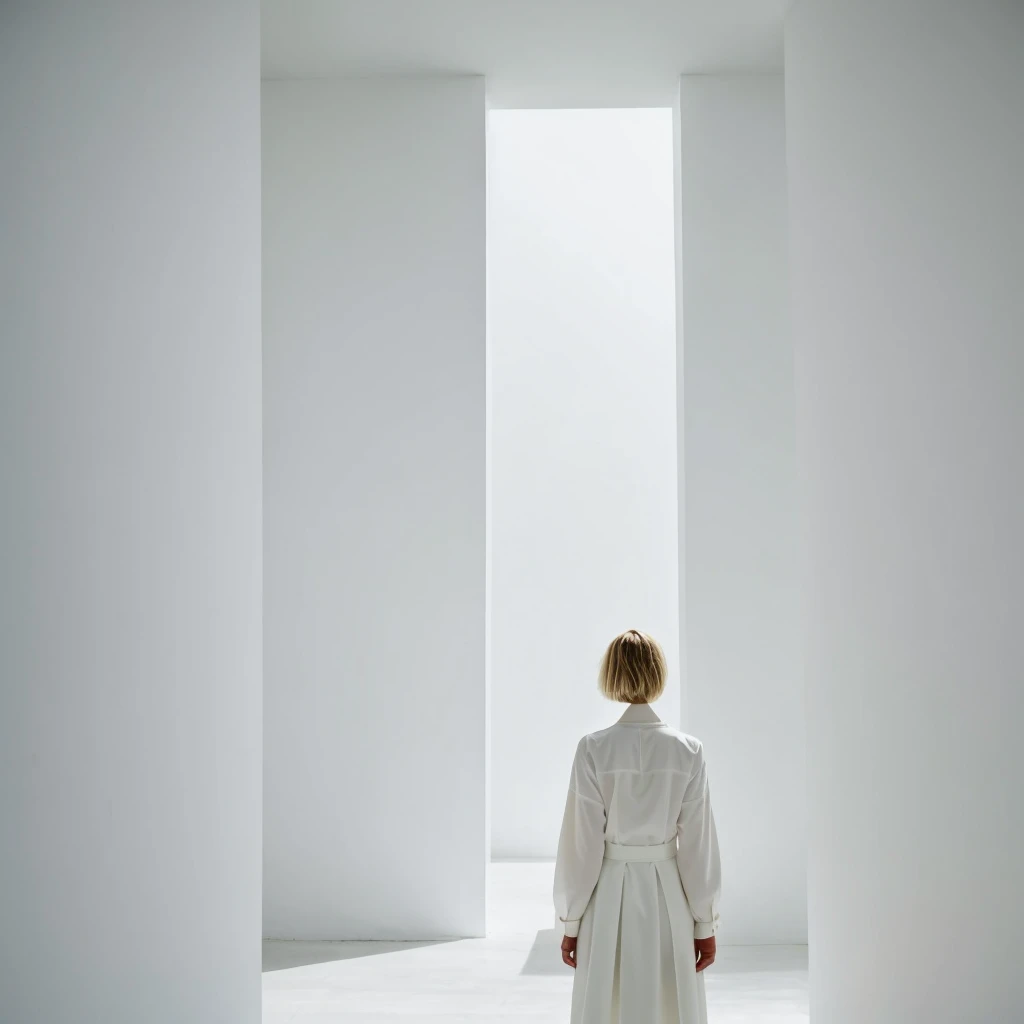  no face visible short blonde hair women stands back the background of a minimalist beautiful white architecture 