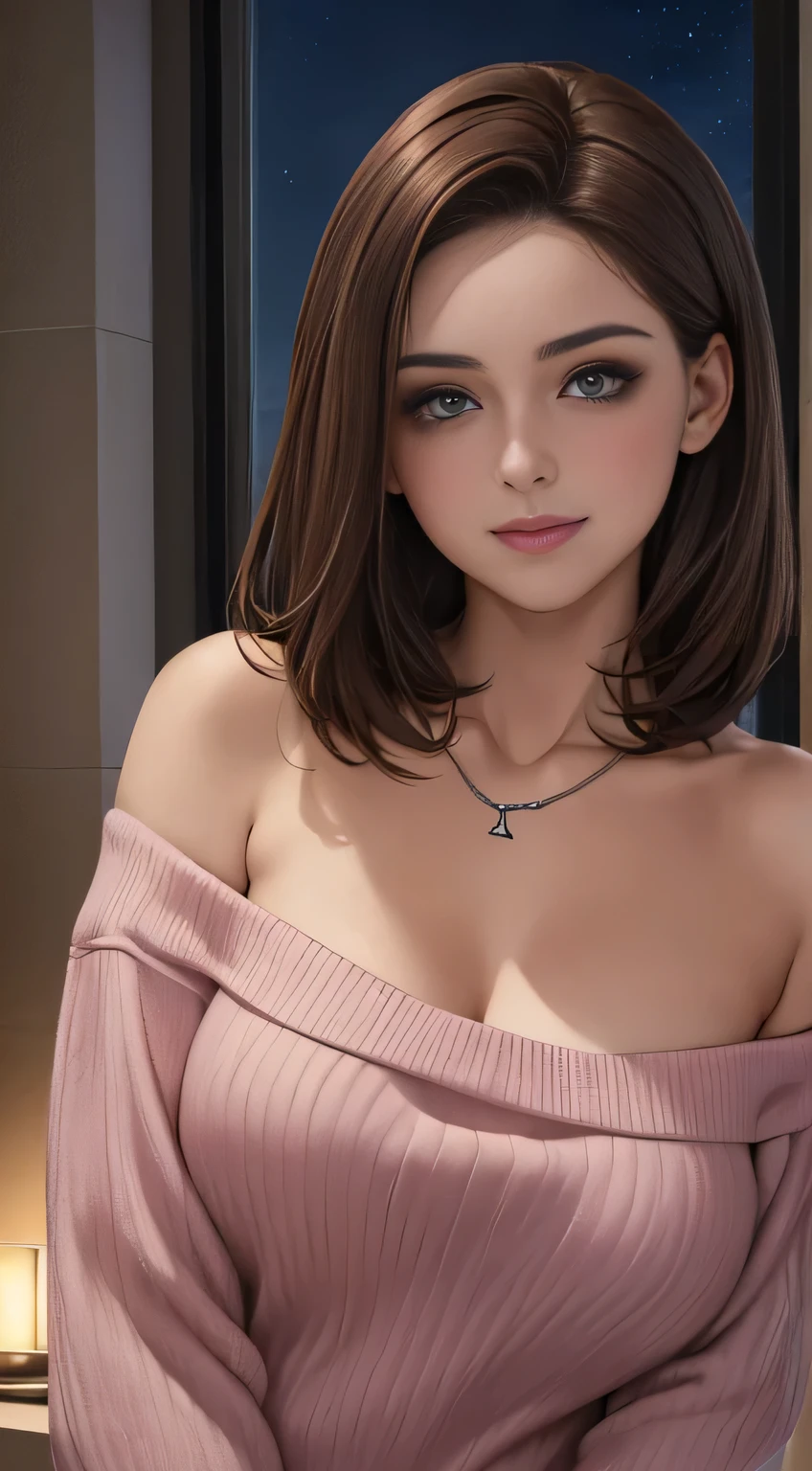 ((Night, Realistic Light, Best Quality, 8K, Masterpiece: 1.3)), 1girl, Slim Beauty: 1.4, Abs: 1.1, (Brown hair, Medium breasts: 1.3), Long pink sweater: 1.1, Bathroom, Super fine face, Delicate eyes, Double eyelids, smile, necklace