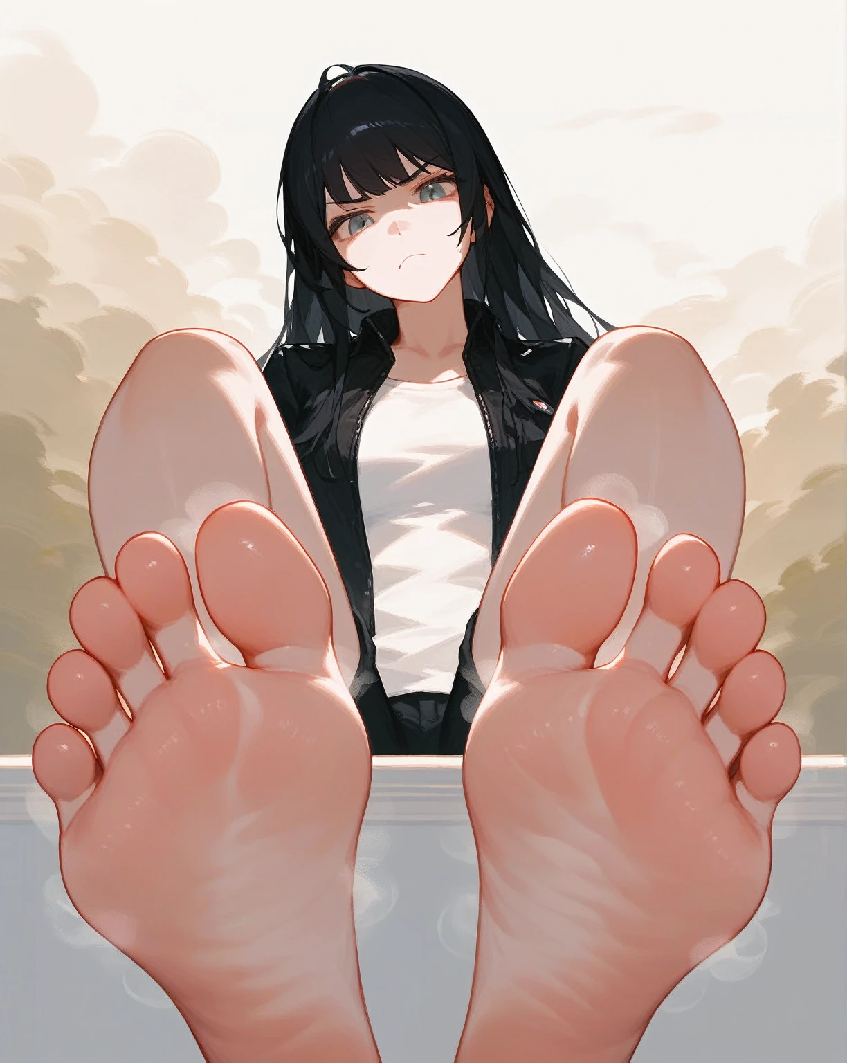 wallpaper, best quality, Very detailed, masterpiece, Extremely detailed, illustration, Sky,Foot Focus,, frown, barefoot,Stinky feet,Steam around feet,