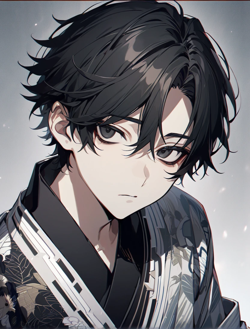 (black_hair), (short_hair), (deep_black_eyes), (high_detailed_eyes), (attractive), (emotionless), (male), (wearing _a_Unique_kimono), (detailed_Hair), (detailed), (detailed_mouth), (ager), (dark_under_eyes)