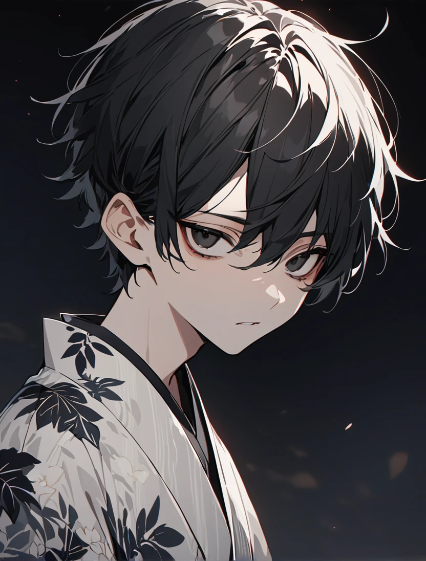 (black_hair), (short_hair), (deep_black_eyes), (high_detailed_eyes), (attractive), (emotionless), (male), (wearing _a_Unique_kimono), (detailed_Hair), (detailed), (detailed_mouth), (Teenager), (dark_under_eyes)