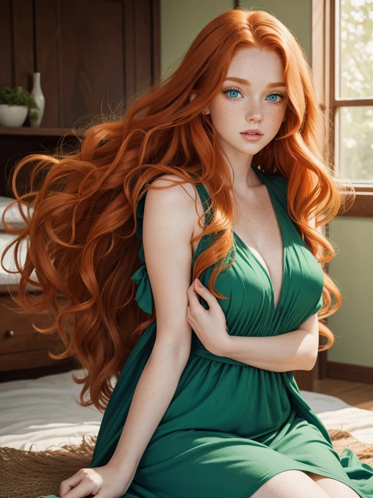 The most beautiful young ginger woman with long wavy ginger hair, beautiful blue eyes, cute freckles, aesthetic beautiful body in a green dress