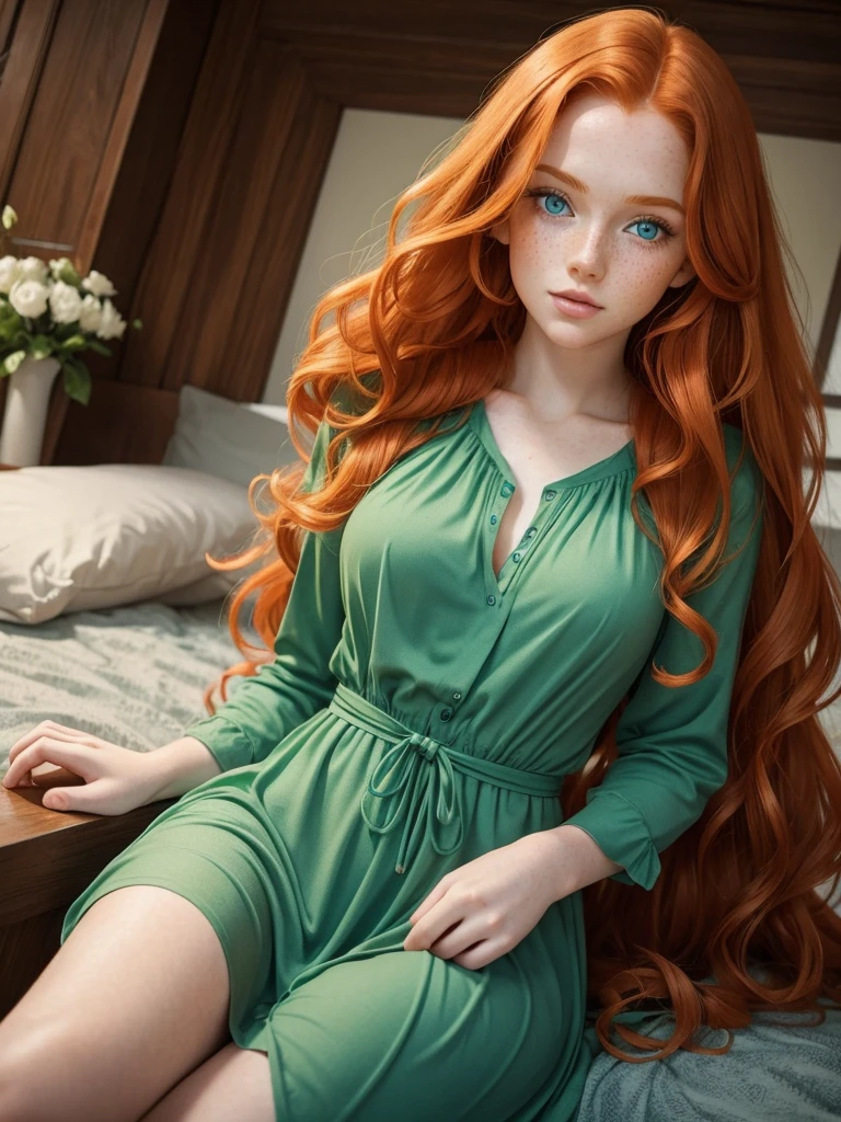 The most beautiful young ginger woman with long wavy ginger hair, beautiful blue eyes, cute freckles, aesthetic beautiful body in a green dress