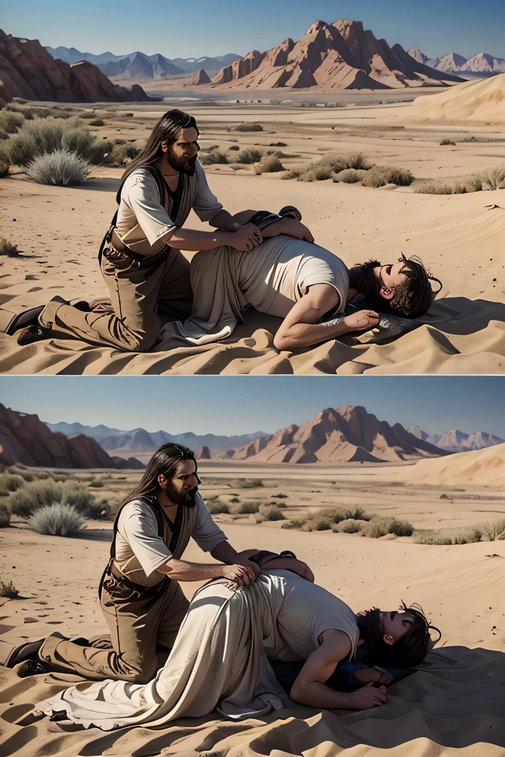 Create several scenes representing the parable of the Good Samaritan, portraying the reality of the year in which it happened, maintaining originality in the desert in the years Jesus spent on earth