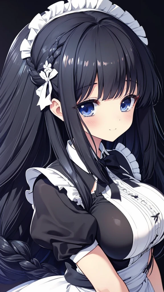 best quality, extremely detailed,anime style girl,long hair down to the waist, straight hair, ((dark black hair with bluish)),braid,beautiful detailed eyes, pinched eyes, (dark blue eyes),huge breasts,curvy,((Maid)),hair ornament,Luxurious room,smile,