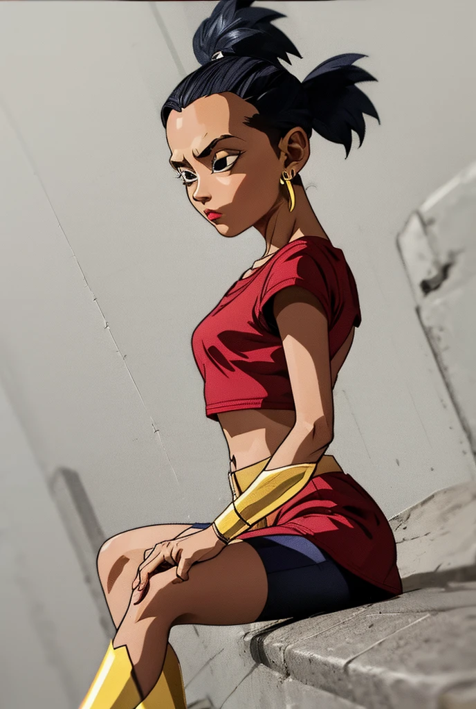 (Artwork, best quality), 1 girl, Other, 1 girl, Alone, black eyes, Black hair, high ponytail, earrings,, Red t-shirt, crop top, short sleeve, gold bracelets, red skirt, shorts bicycle, cable ties, armband, mini skirt, shorts under the skirt,