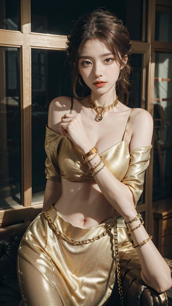 Gold handcuffs on the chain, around the neck