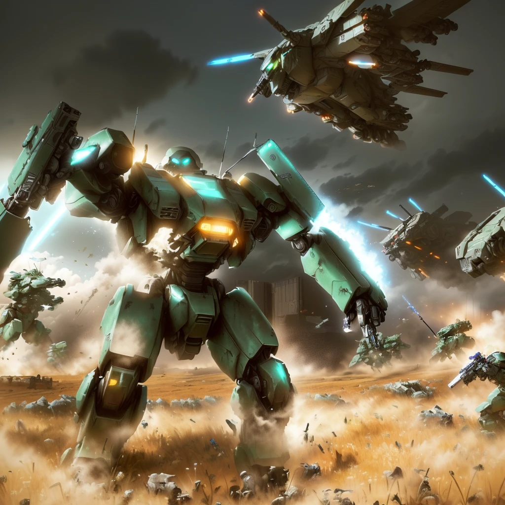 a close up of a robot with a gun in a field, battletech, war mechs fighting, soldiers and mech fight, battlemech, mech machines firing bullets, battletech style, an armored core on the ground, battle mech, futuristic battlefield, mad max battlemech, mech concept art, metal gear mech, mechwarrior, armored core, mech warrior