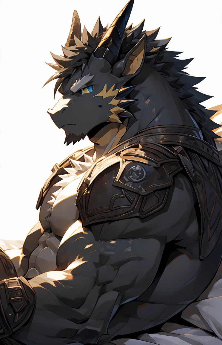 (by sollyz),dragon,white and black body,detail face, detail eyes, detail,male,(naked),pants,furry, short hair,(mercenary)
,blue eyes,black body,black hair,handsome,simple white background,,bed,
strong,epic,