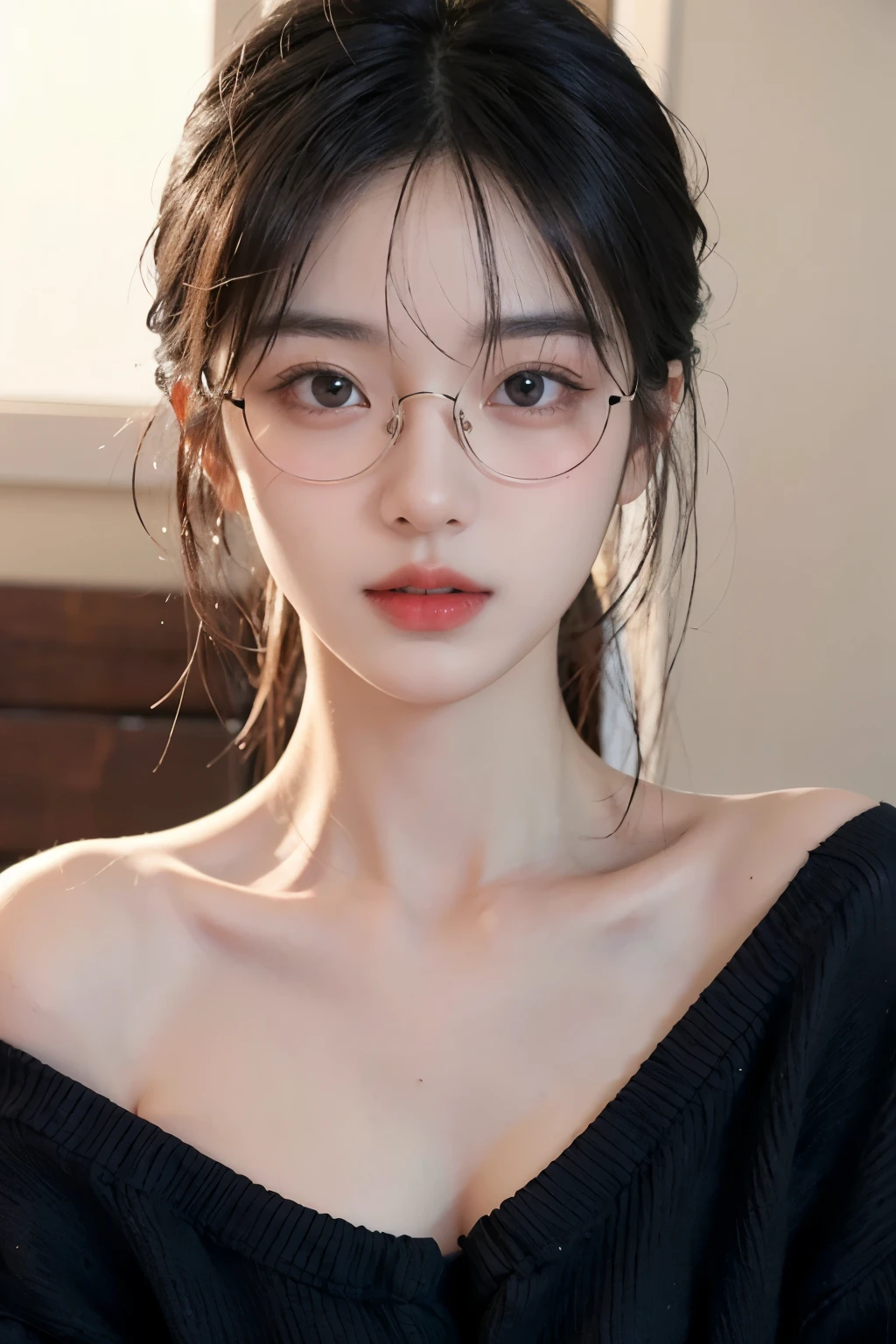 Beautuful Women，wears glasses，Redlip，White and tender，eye shadows