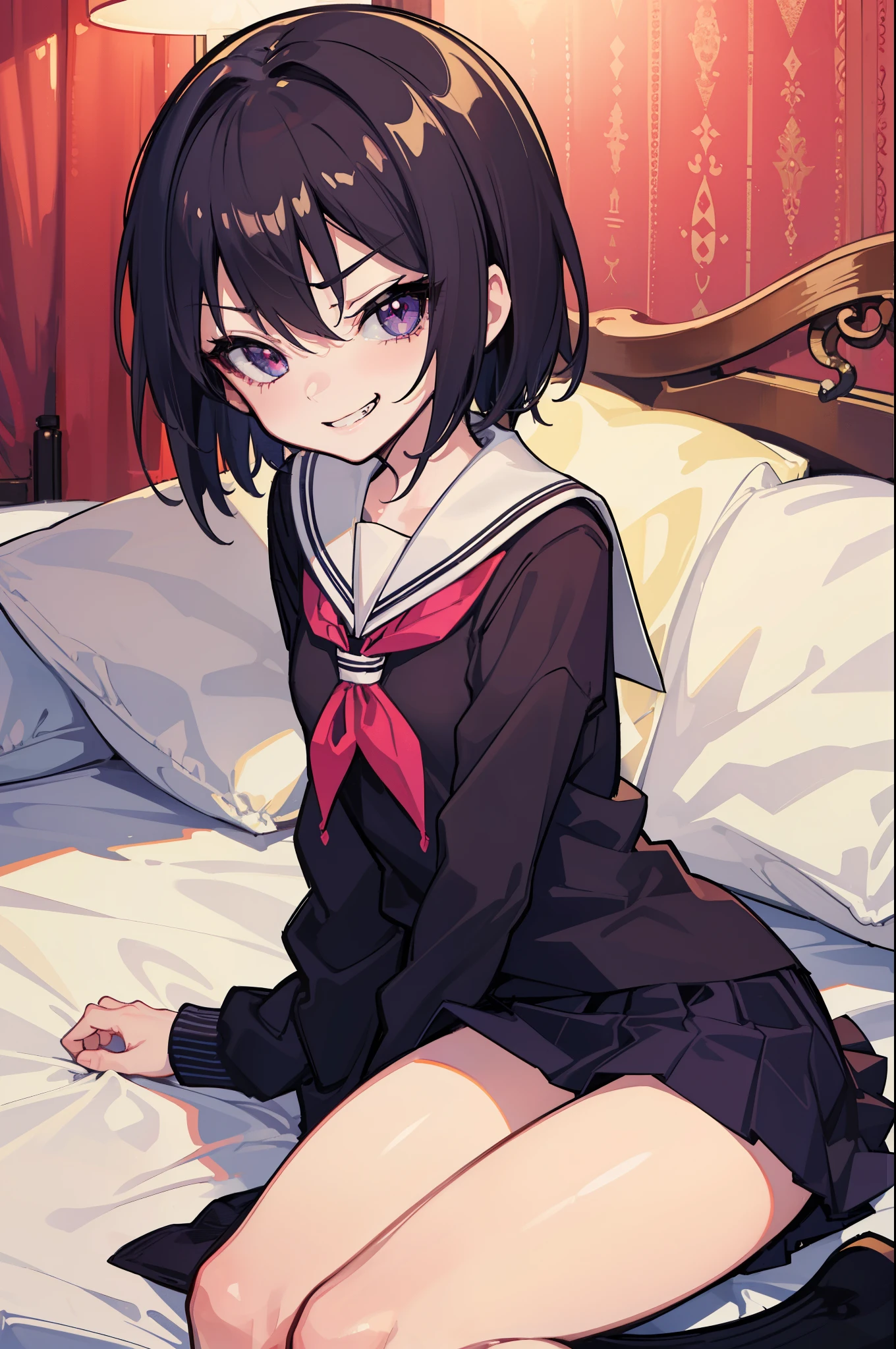 (Ideal:1.2), (perfect:1.2), (flawless:1.2), (highest quality:1.2), (best quality:1.2), on bed, 1girl, (evil smirk:1.2), (loli:1.2), young, (school uniform:1.1), detailed body, sexy thighs, small breasts, short hair, high quality eyes, 4K, highest quality resolution, best quality resolution, best quality upscale, no panties, no underwear